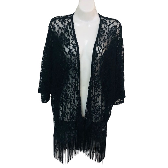 Mauve Sweaters - Black Lace Fringe Kimono Cardigan Whimsigoth Witchy Boho Ethereal Goth Size L